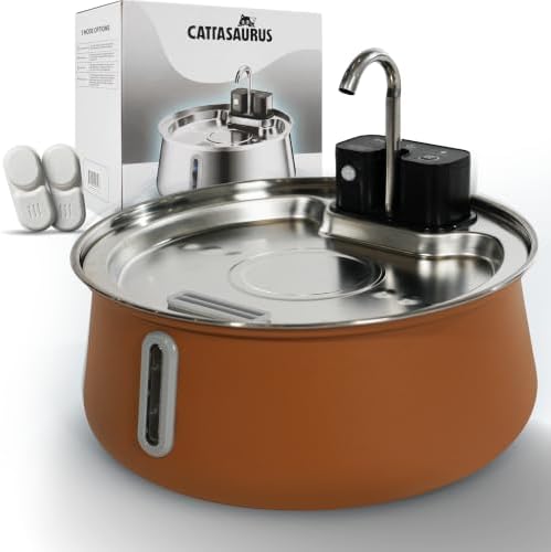 Cattasaurus Wireless 304 Stainless Steel Cat Water Fountain with Filtration, Automatic Water Dispenser for Cats, 135oz Large Capacity, Dishwasher Safe (Coffee, Fountain + 2 Filters (2-Week Supply))