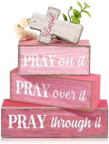 Moucuny 4 Pcs Pink Christian Table Decor Cross Wooden Bible Verse Sign