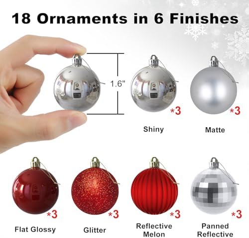 Silver & Red 1.6" Small Christmas Balls Christmas Tree Decoration Ornaments Shatterproof Hanging Balls for Birthday Halloween Holiday Wedding Decorations Set of 18pcs
