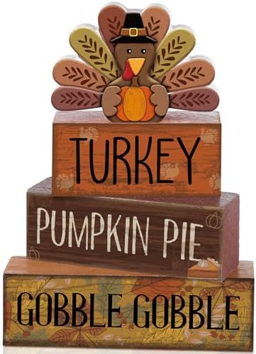 Lineshading 4 Pcs Thanksgiving Table Decoration, Turkey Wooden Block Signs