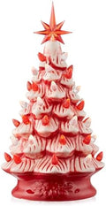 Casafield Hand Painted Ceramic Christmas Tree, Red and White Peppermint 12-Inch Pre-Lit Tree with 100 Multi Color Lights and 2 Star Toppers