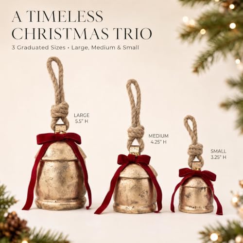 KIBAGA Charming Vintage Christmas Decor Set of 3 Gold Metal Bells