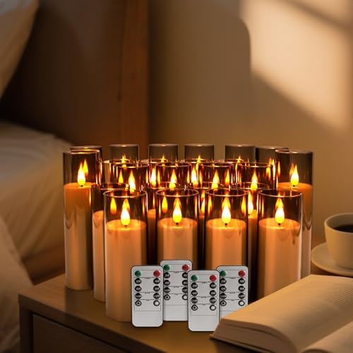 YOROXRG Halloween Decoration Flickering Flameless Candles Battery Operated Timer Led Pillar Candles with Realistic Moving Wick Candles for Home Decor 24 Pack (D2.2 xH 5" 6" 7")(Grey)