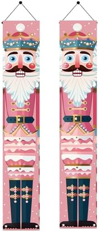 2PCS Christmas Nutcracker Porch Banner Decorations 71 x 12 Inch Pink Nutcracker Soldier Hanging Sign Vertical Holiday Wall Decor for Indoor Fireplace Doorway Winter Party Setup