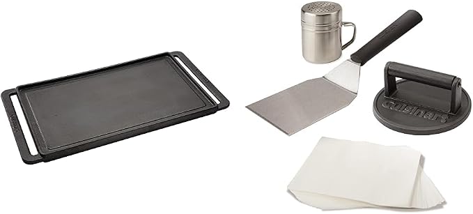Cuisinart CCP-2000 Reversible Cast Iron Grill/Griddle Cookware Plate, Ribbed Grill & Smooth Flat Top Griddle and Cuisinart CSBK-400, Smashed Burger Kit, Cast Iron