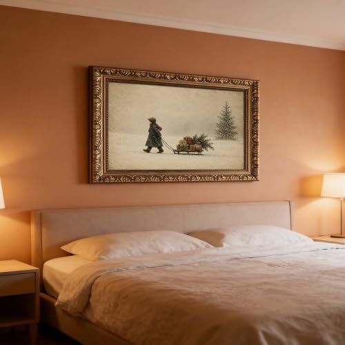 Vintage Child Sled Wrapped Boxes Evergreen Snow Christmas Canvas Wall Art
