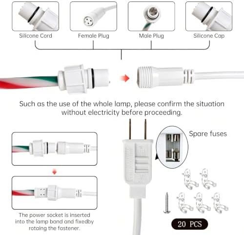 Christmas Candy Cane Lights, 66ft White & Red & Geeen Christmas Rope Lights