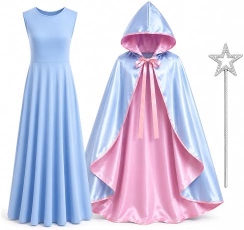 3PCS Fairy Godmother Costume Women Halloween Blue Hooded Cape Outfit