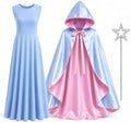 3PCS Fairy Godmother Costume Women Halloween Blue Hooded Cape Outfit