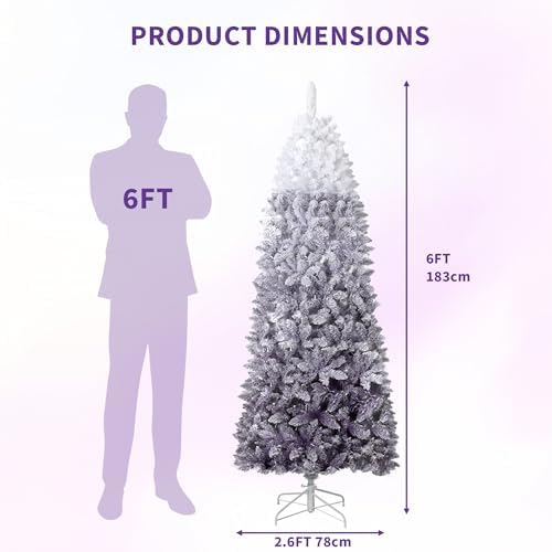 GarveeHome 6 ft Prelit Artificial Christmas Tree with RGB & Warm White Lights, Pre-Lit Snow Flocked Pencil Christmas Tree, Foldable Base,Holiday Decoration for Home, Office, Party,Purple Gradient