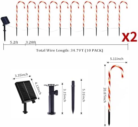 20 Pack Solar Candy Cane Lights, 21 Inch Red Christmas Yard Decor