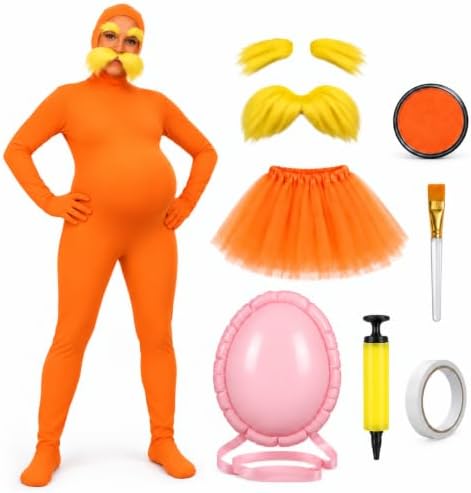 9Pcs Orange Jumpsuit Costume Accessories with Tutu Skirt,Fake Belly,Mustache,Eyebrows,Face Paint for The Halloween
