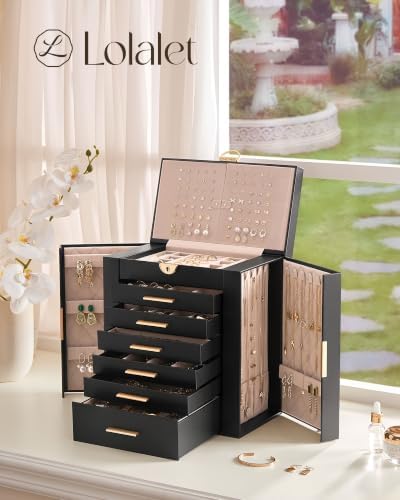 Lolalet Large Jewelry Box, 7-Layer Jewelry Organizer with 6 Drawers -Black