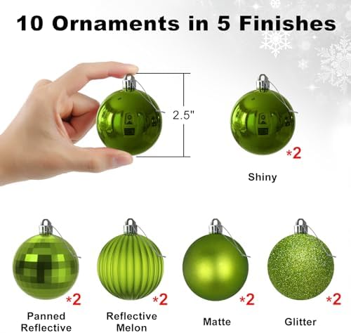 Lime Green 2.5" Christmas Balls Christmas Tree Decoration Ornaments Shatterproof Hanging Balls for Birthday Halloween Holiday Wedding Decorations Set of 10pcs