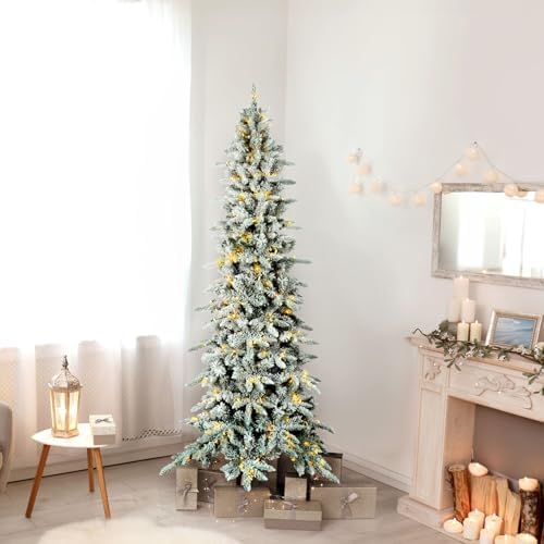 Fraser Hill Farm 7.5-Ft. Slim Mountain Pine Flocked Artificial Christmas Tree with Warm White LED Lights and Stand, Prelit Foldable Fake Tree with Realistic Snowy Foliage for Home Decoration