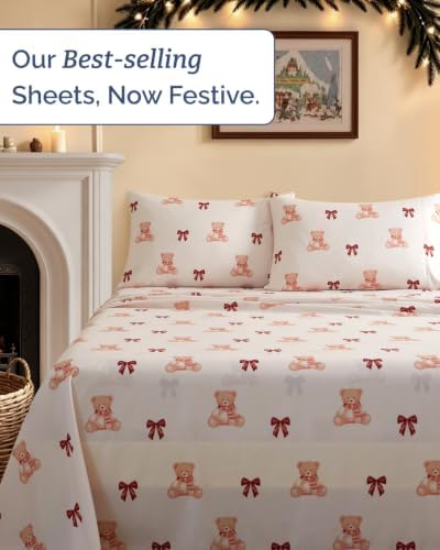 Christmas Sheet Set, Teddy Bears, Holiday Xmas Bedding Set - King Size