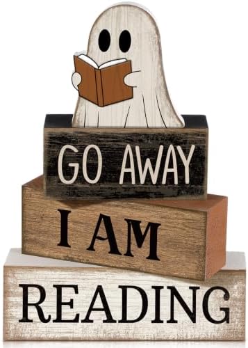 Moucuny 4 Pcs Halloween Table Decor Wooden Ghost Reading Stacked Block Sign