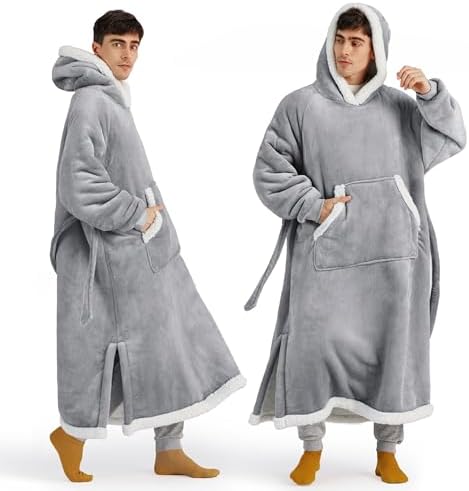 Bedsure Wearable Blanket Hoodie, Long Hooded Blanket Sweatshirt as Christmas Birthday Gifts for Men, Cozy Sherpa Hoodie for Adult, Oversize, Grey