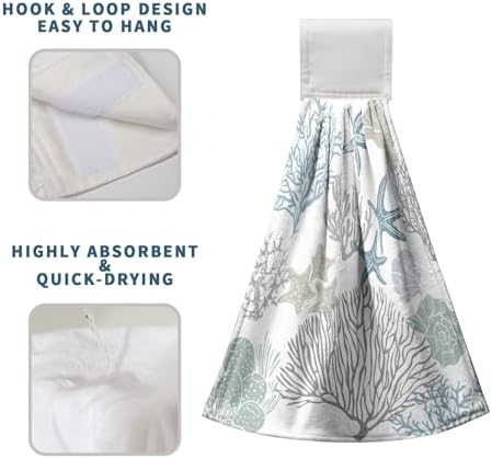Nautical Blue Coral Hanging Hand Towels Set of 2 Coastal Seashell Starfish Kitchen Towels with Hanging Loop Ocean Beach Theme Bath Towels Soft Absorbent Fingertip Dish Tie Towel for Bathroom