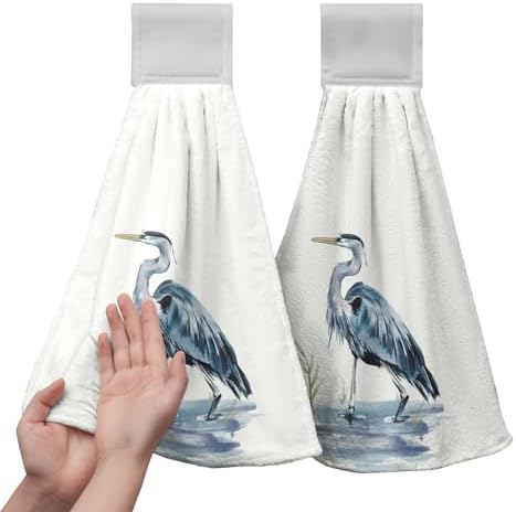 Blue Heron Coastal Hanging Hand Towels Set of 2 Summer Nautical Ocean Beach Themed Kitchen Towels with Hanging Loop Sea Bird Pelican Dish Towel Soft Absorbent Guest Fingertip Bath Towel for Bathroom