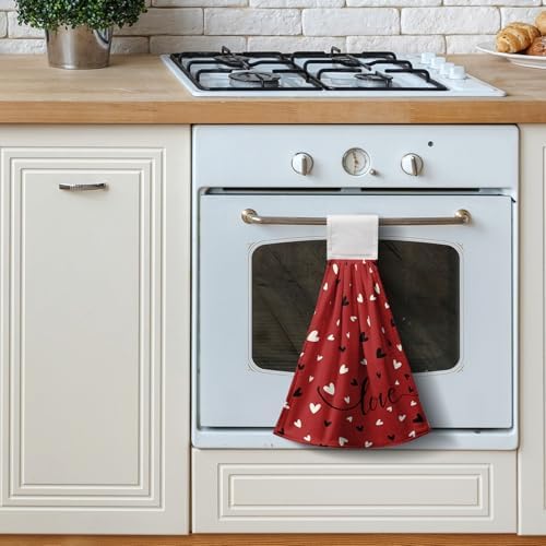 Valentines Day Love Hearts Hanging Kitchen Towels with Loop Valentines Romantic Holiday Hand Tie Towels Soft Absorbent Fingertip Dish Cafe Bar Tie Towel Washcloth Towel Oven Stove Set of 2