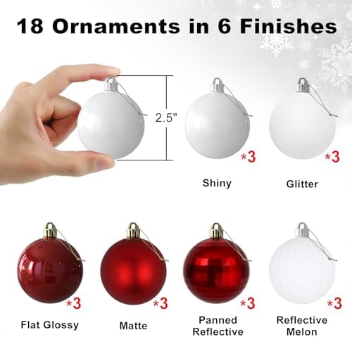 Red & White 2.5" Christmas Balls Christmas Tree Decoration Ornaments Shatterproof Hanging Balls for Birthday Halloween Holiday Wedding Decorations Set of 18pcs