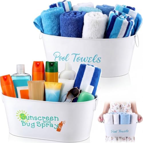 Blulu 2 Pcs Poolside Storage Bucket Metal Sunscreen Towel Holder Organizer
