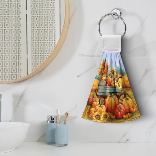 Fall Orange Pumpkin Kitchen Hanging Hand Towels Thanksgiving Autumn Sunflower Hand Towels with Loop Harvest Farmhouse Bath Towels Soft Absorbent Fingertip Tie Towel for Bathroom