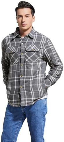 Men's Sherpa Cotton Flannel Shirt Jacket Plaid Button Coat Pocket