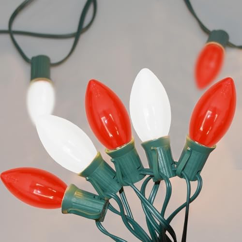 SUNSGNE C9 LED Christmas Lights Outdoor, 25ft Vintage Christmas Lights with 27 LED Red White Plastic Bulbs(2 Spare) for Patio Home House Balcony Xmas Decor, Green Wire
