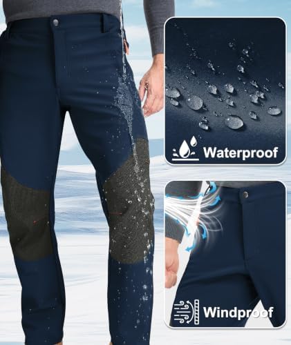 Mens Winter Snow Pants Waterproof Thermal Fleece Lined Hiking Pants with Zip Pockets