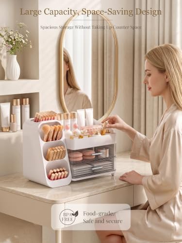 Booklov Large Makeup Organizer for Vanity Countertop, White