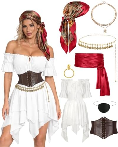 8 Pcs Pirate Costume Women Renaissance Dress Set, Medieval Pirate Outfit for Women with Corset Belt and Accessories