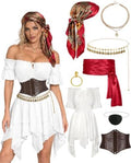 8 Pcs Pirate Costume Women Renaissance Dress Set, Medieval Pirate Outfit for Women with Corset Belt and Accessories