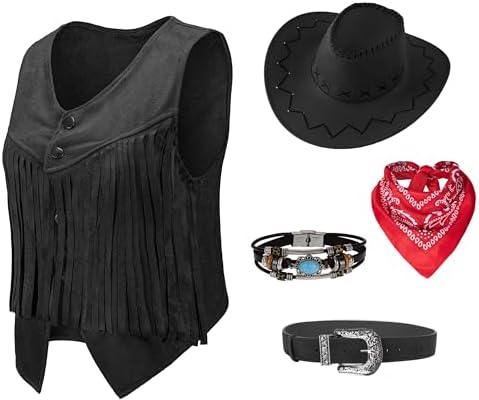Women Cowgirl Costume Western Vest Hat Belt Set for Cowgirl Cowboy Halloween Cosplay