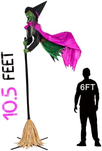 Halloween Decorations Outdoor – 10.5FT Animated Hovering Witch Animatronics with Sound & Footpad Activation – Spooky Flying Witch on Broom Decor for Home Garden Yard Lawn