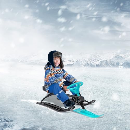 Kids Snow Sled Kart with Steering Wheel and Brakes for Safe and Fun Winter Sports, Supports Up to 220 lbs for Children and Adults, Easy to Clean and Durable Design
