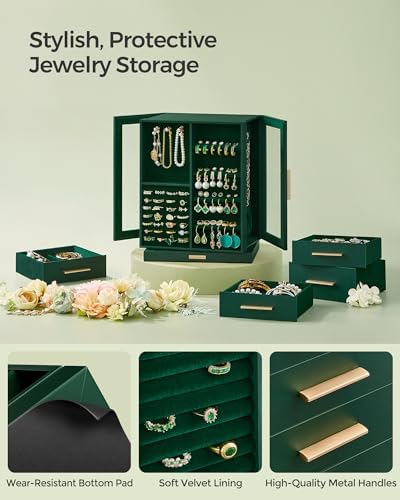 SONGMICS Jewelry Box Organizer, 360° Rotating, 5 Drawers, Forest Green