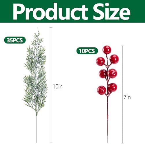 45 Pcs Artificial Christmas Snow Pine Branches Red Berry Stems Faux Sprig