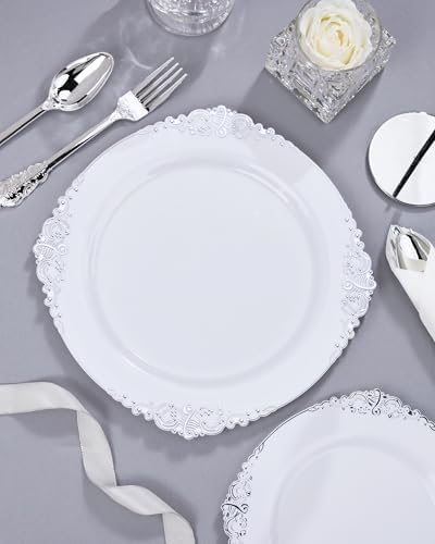 Nervure 700Pcs Silver Plastic Plates, Plastic Dinnerware Set for 100 Guests