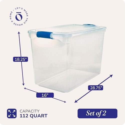 HOMZ Clear Plastic Storage Bins w/Latching Lid, 112 Qt, Blue Latch, 2 Pack