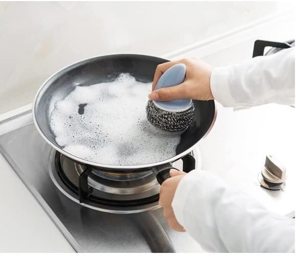 Steel Ball Pot Brush Cleaning Tableware Brush with Handle Stainless Steel Brush Pot Ball Kitchen Supplies(Black)