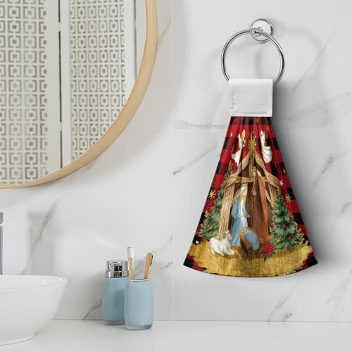Christmas Holy Night Kitchen Towels with Hanging Loop Jesus Nativity Red Buffalo Plaid Hand Tie Towels Winter Holiday Xmas Soft Absorbent Bath Towel Oven Stove Dish Cloth Set of 2