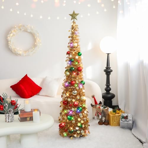Pop Up Christmas Tree with Lights & Ornaments, 5FT, Champagne Gold