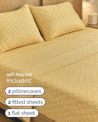 Split King 5 Piece Floral Sheet Set - Breathable & Cooling - Yellow Meadow