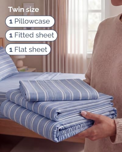 Twin Size 3 Piece Sheet Set - Breathable & Cooling Sheets - Blue Stripes