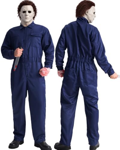 Men's Navy Halloween Jumpsuit Costume Set, Horror Mask, Prop knife, Gauze