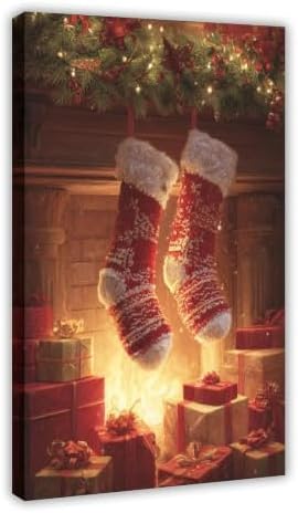 JDBeehpy Christmas Red Knit Stockings Fireplace Wall Art Framed 24x36inch