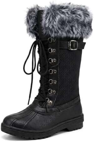 AUSLAND Women's Black Winter Snow Boots Twin Peaks Fur Mid-Calf Waterproof Lace Up Boots D7627