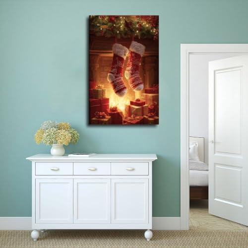 JDBeehpy Christmas Red Knit Stockings Fireplace Wall Art Framed 24x36inch